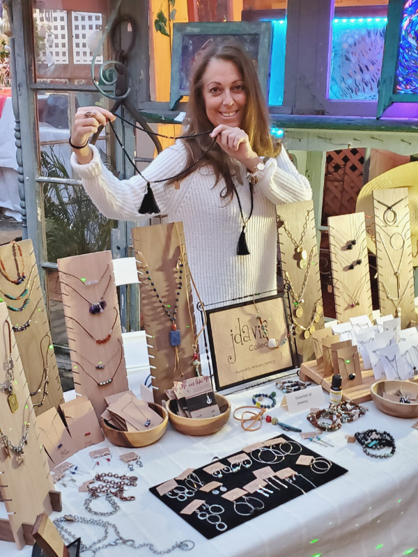 Displayed jewelry and the designer